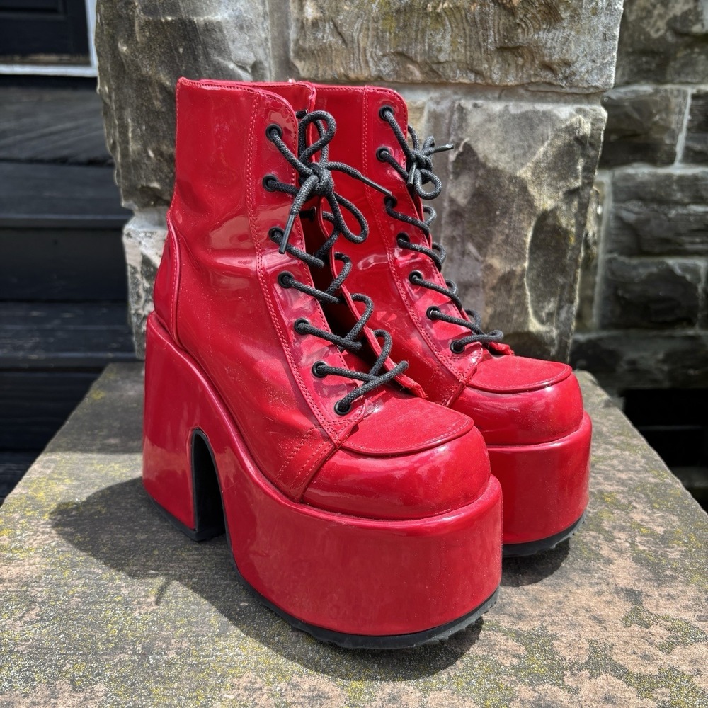 Demonia Camel 203 Red Patent Leather Platform Boots Women's Size 8 Gothic Rave - Picture 2 of 8